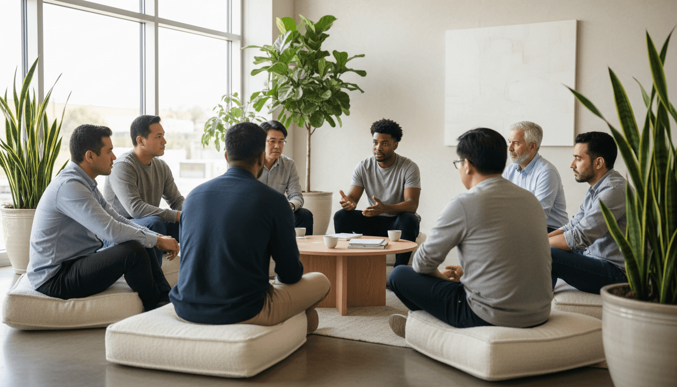 Men in a supportive community setting during a group discussion at STEM Haven