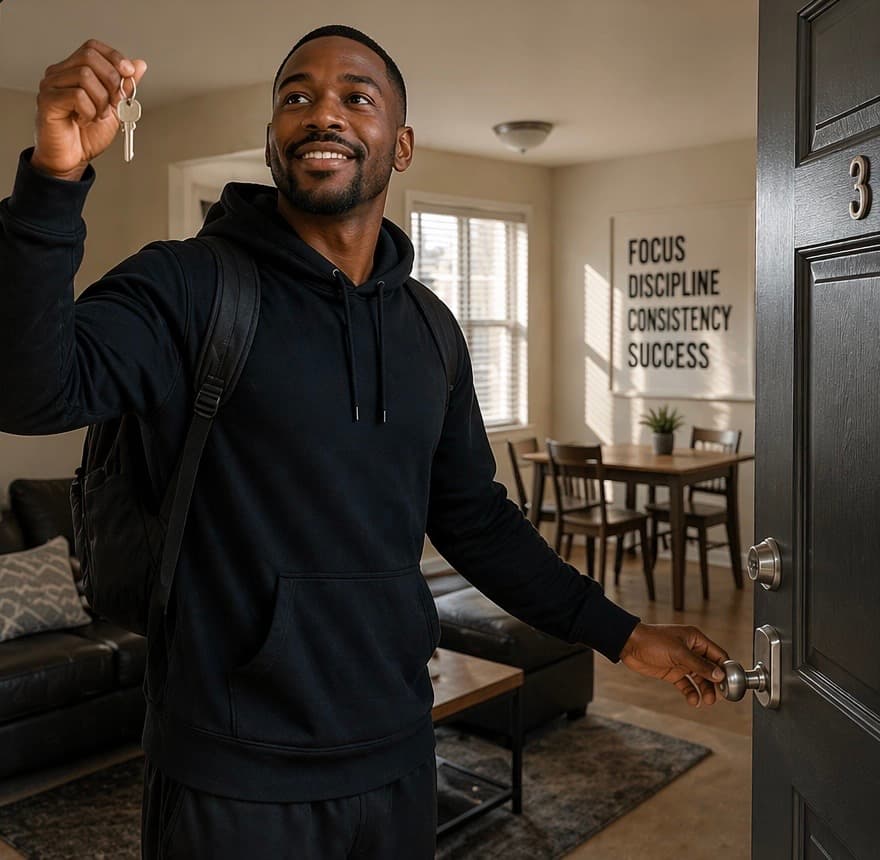 Smiling man in a black hoodie holds up a key while entering his new apartment.