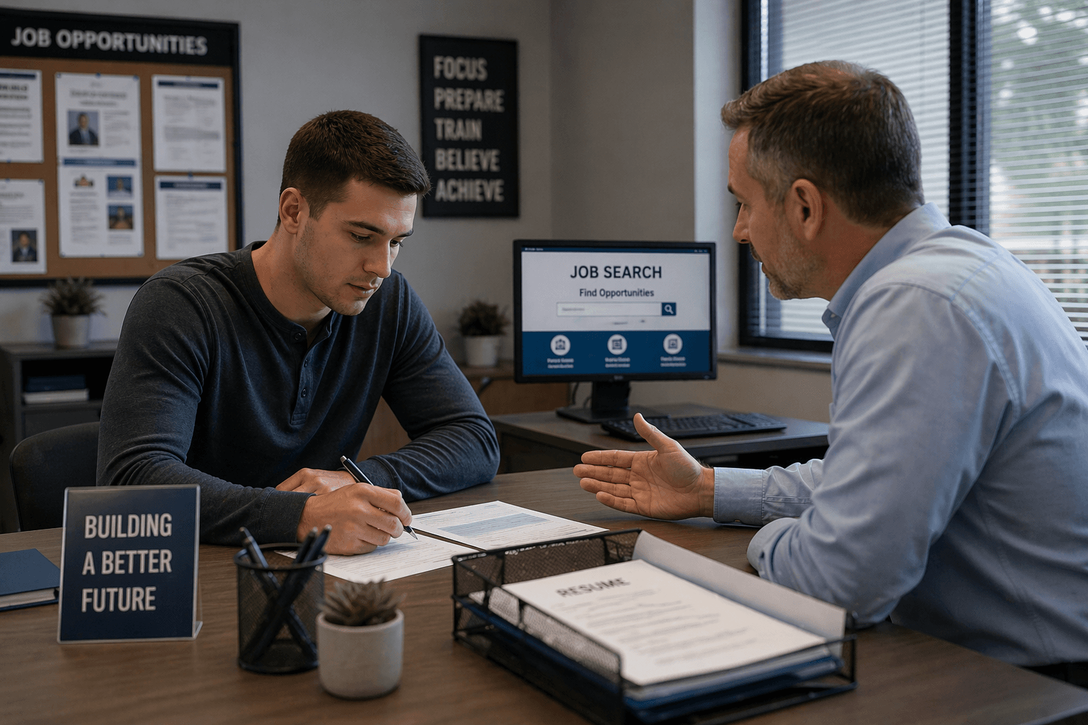Young man fills out paperwork while a career counselor provides guidance in an office setting.