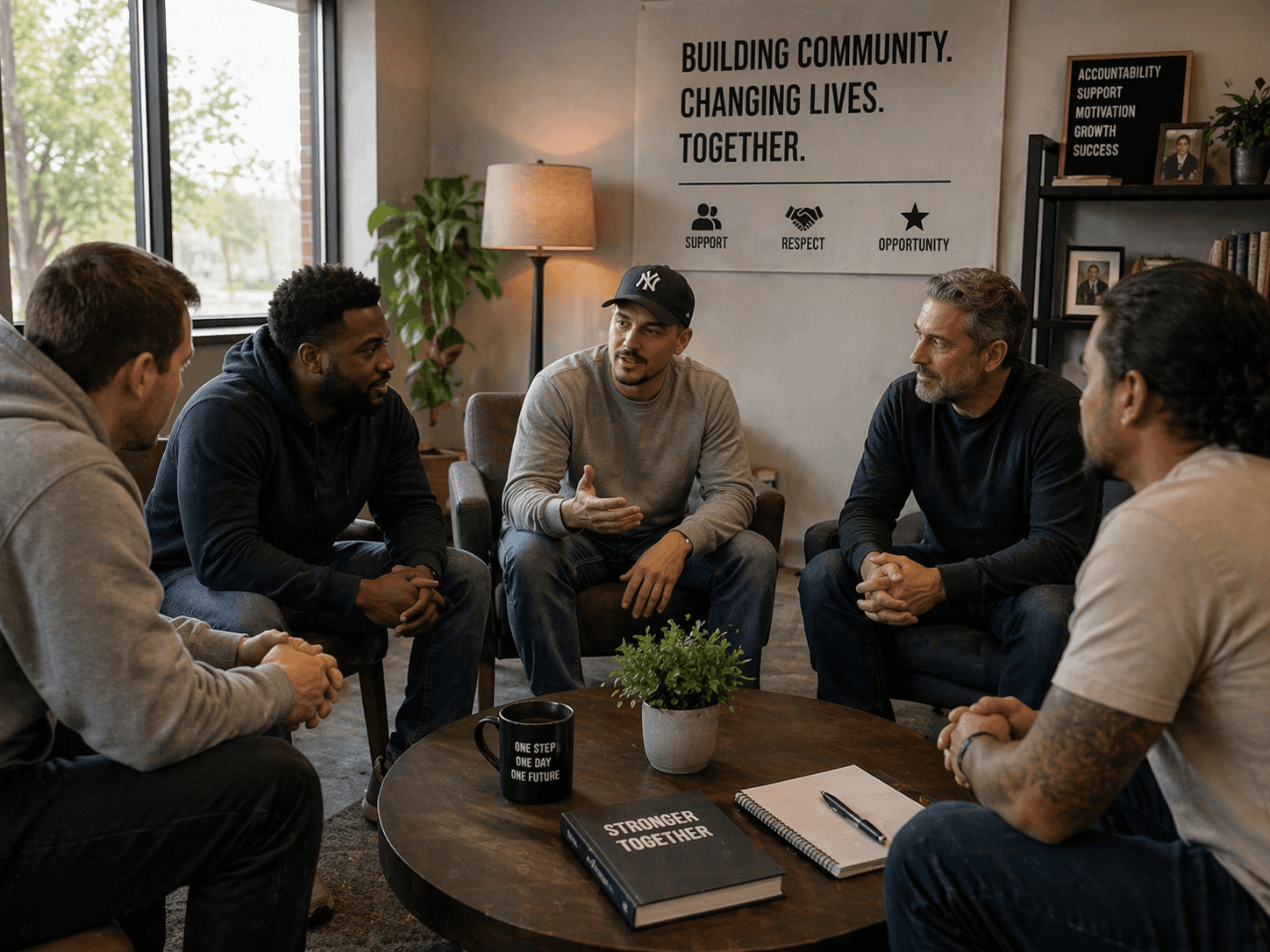 Diverse group of men sitting in a circle, engaged in a supportive community discussion.