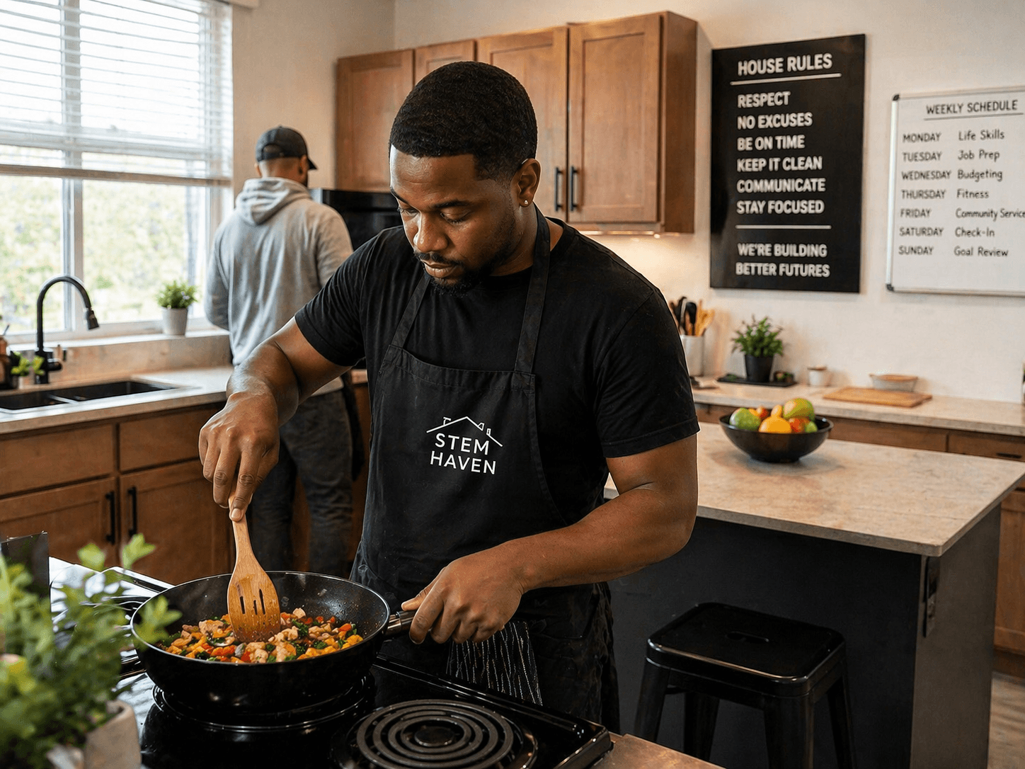 A man in a Stem Haven apron cooks a colorful stir-fry in a modern kitchen.