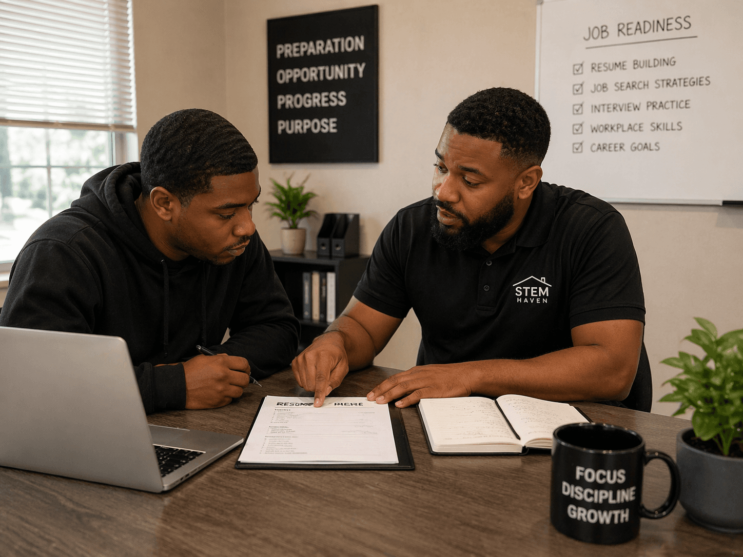 A career coach reviews a resume with a young man in a job readiness office.