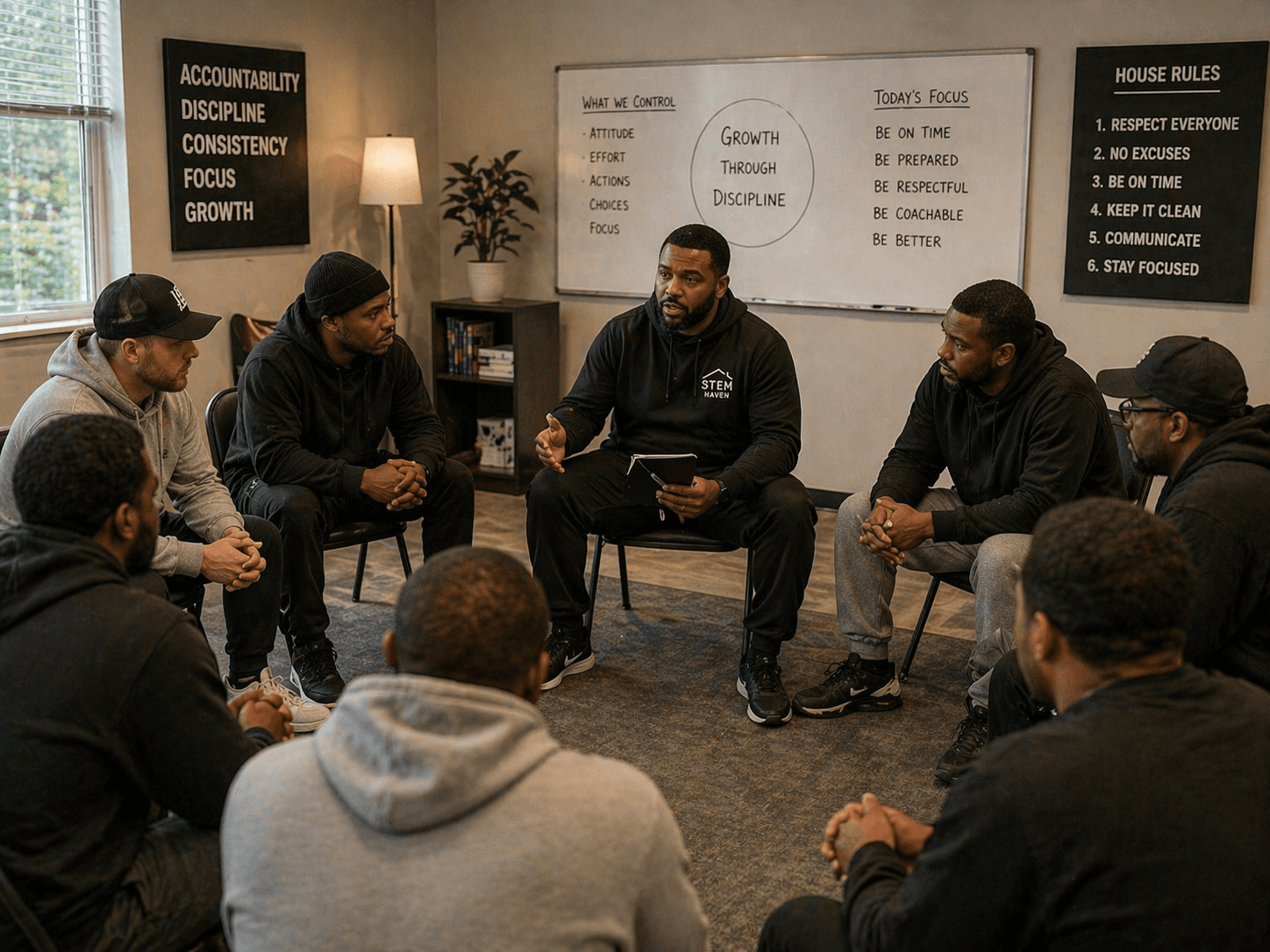 A man leads a group discussion in a circle, surrounded by motivational wall posters.