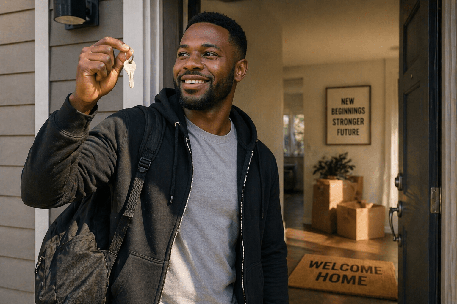 Smiling Black man holds a key in front of an open door with moving boxes.