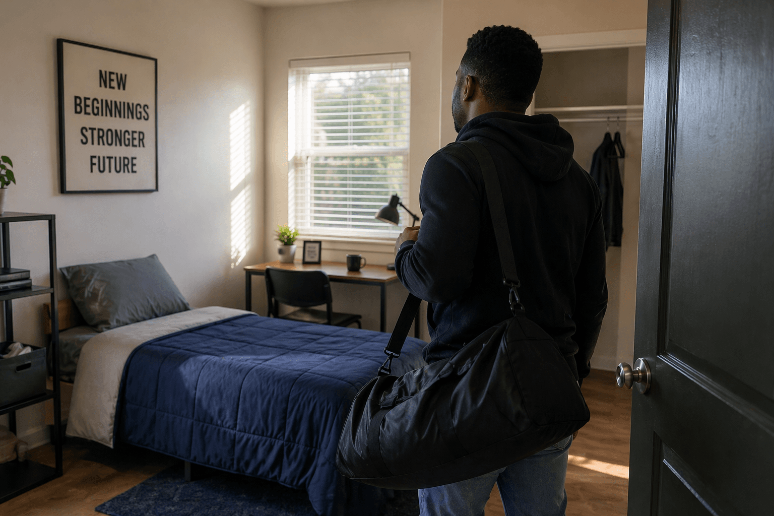 Man with a duffel bag looks into a bedroom featuring a "New Beginnings" wall poster.