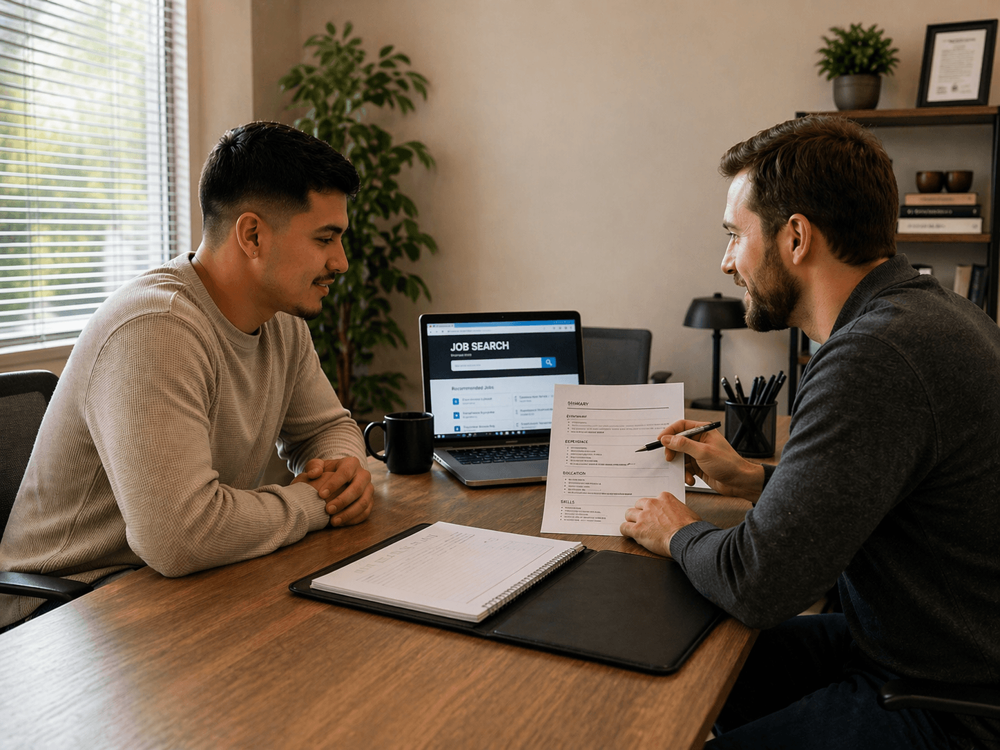 Two men sit at a desk discussing a resume with a laptop showing job search.