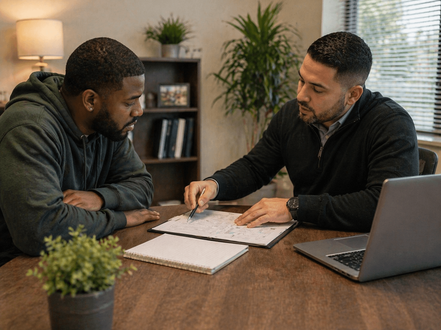 Two men sit at a table reviewing paperwork while one man points with a pen.