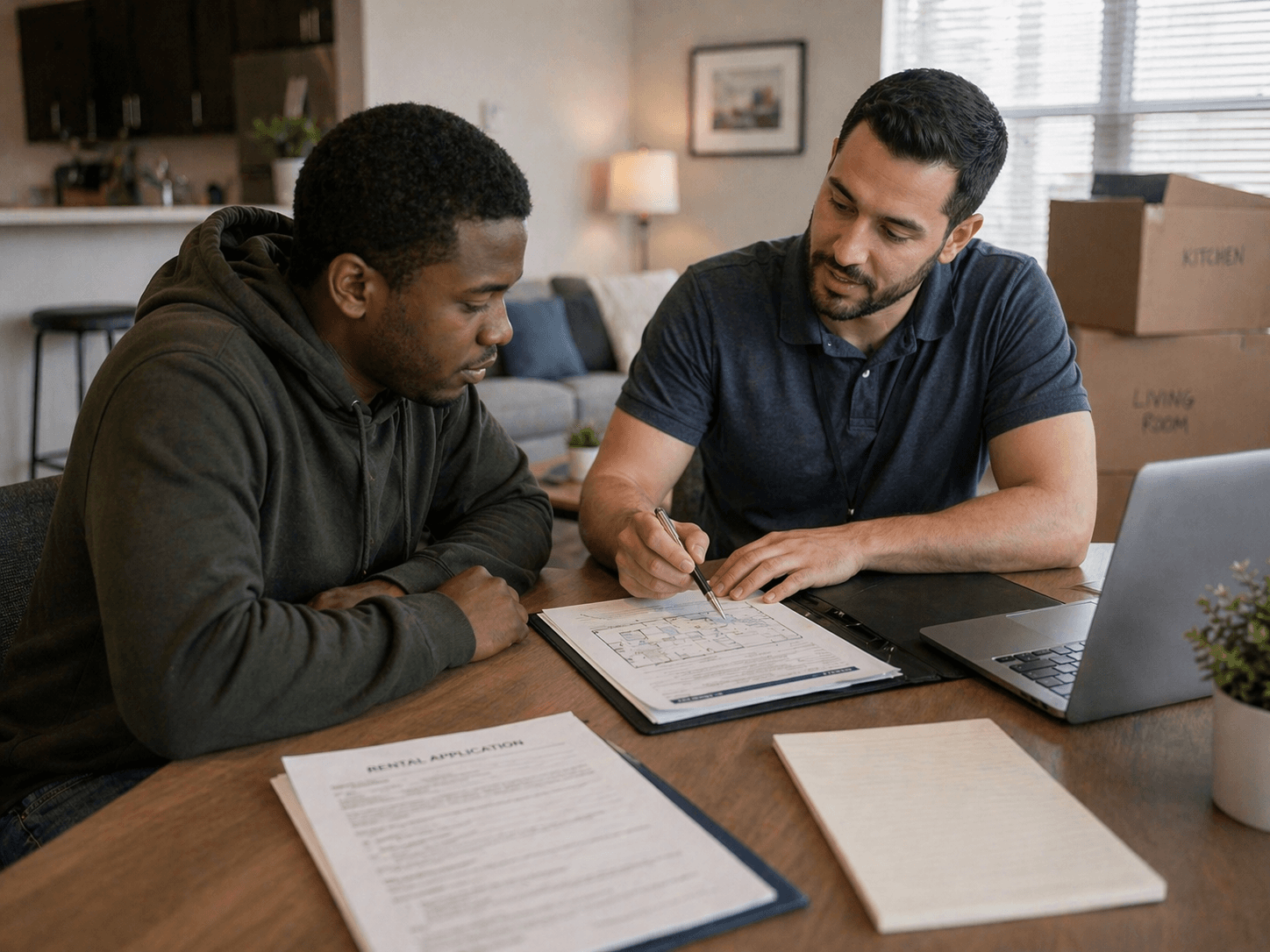 Two men review a rental application and floor plan at a table with moving boxes.