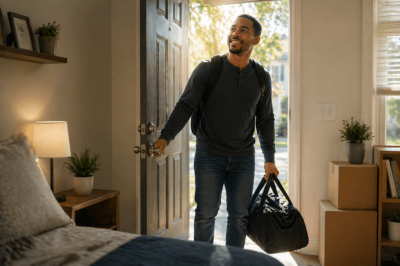 Smiling man with a duffel bag and backpack enters a sunlit room with moving boxes.