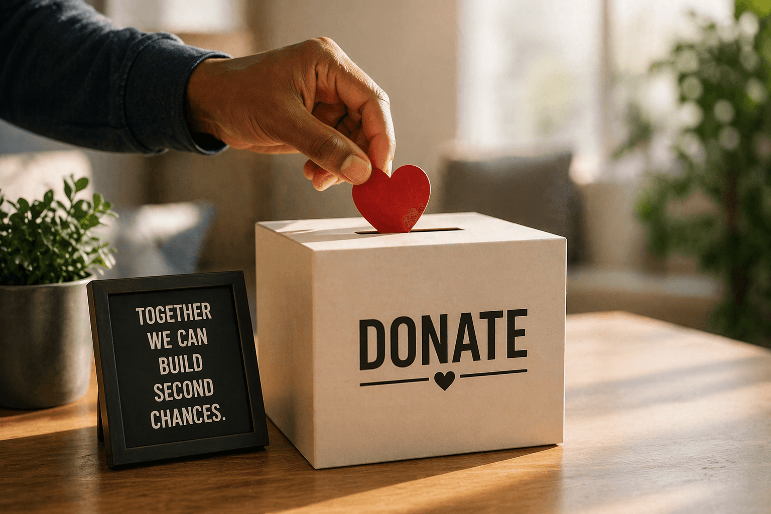 Hand dropping a red heart into a white donation box next to an inspirational sign.