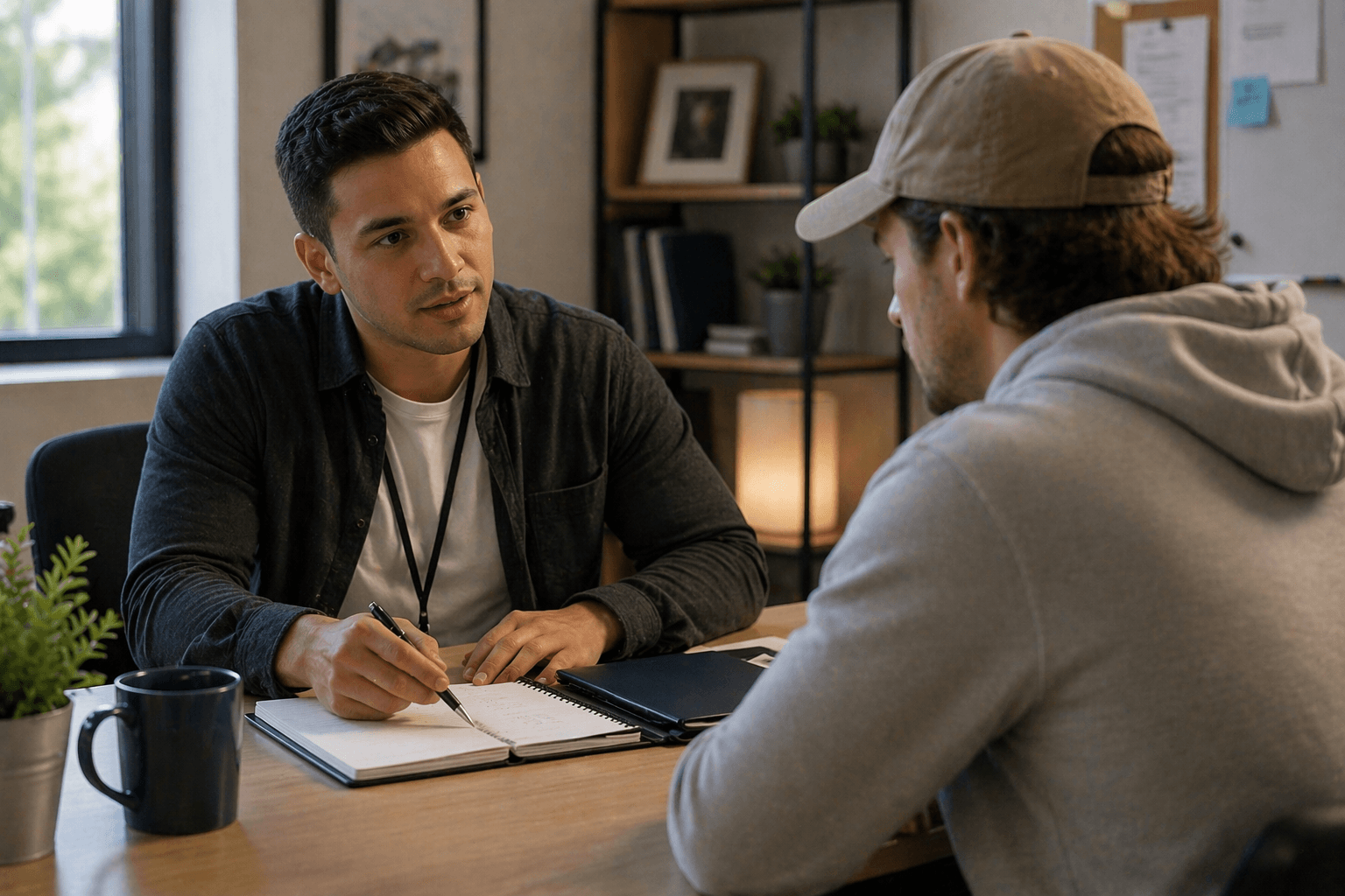 Man in dark shirt takes notes while speaking with a man in a baseball cap.