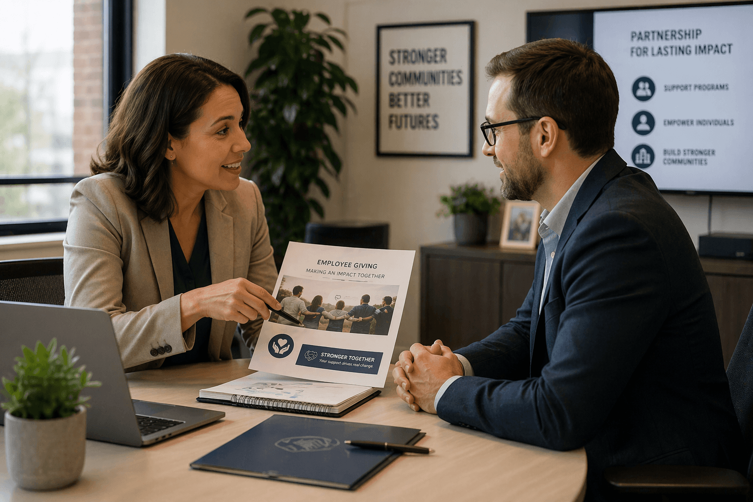Professional woman points to an employee giving document while meeting with a male colleague.