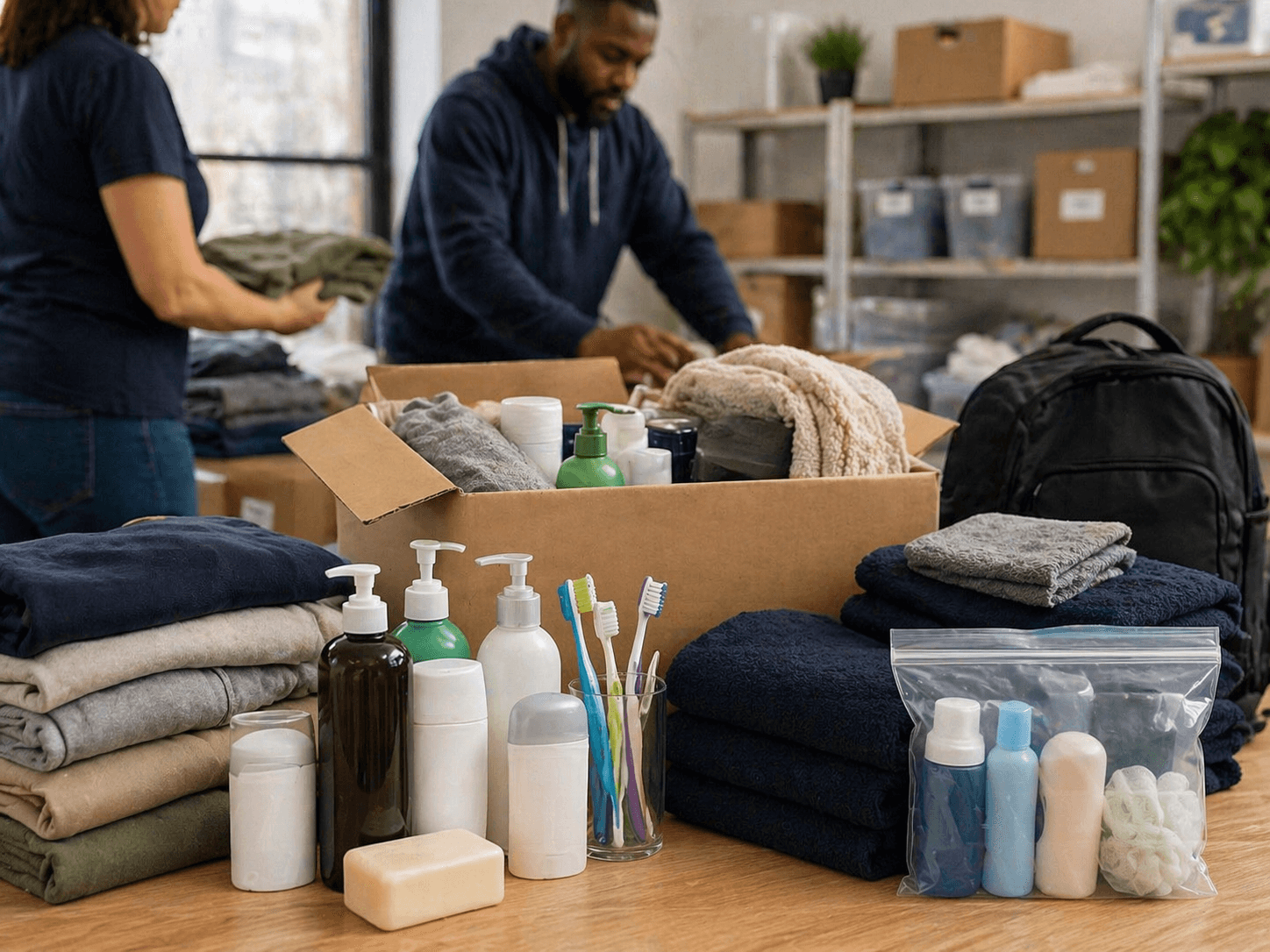 Volunteers packing a donation box with toiletries, folded towels, and clothing in a storage facility.
