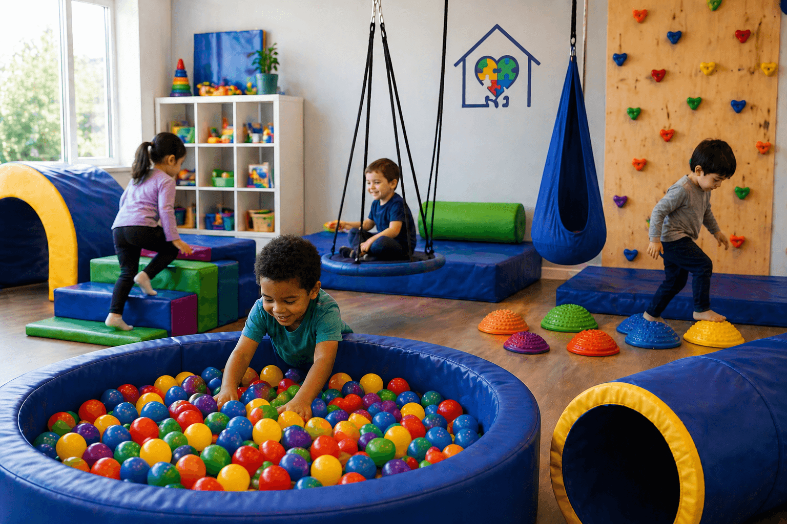Children playing in a colorful sensory gym with a ball pit, swings, and climbing equipment.