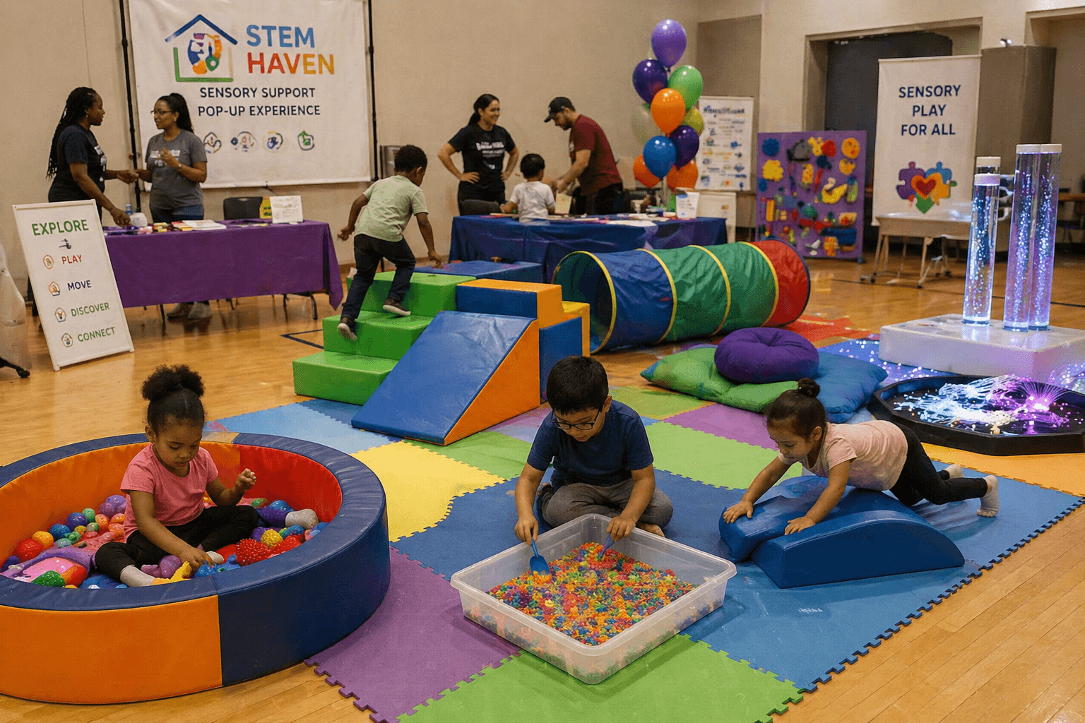 Children playing with sensory equipment like ball pits and foam blocks at a STEM event.