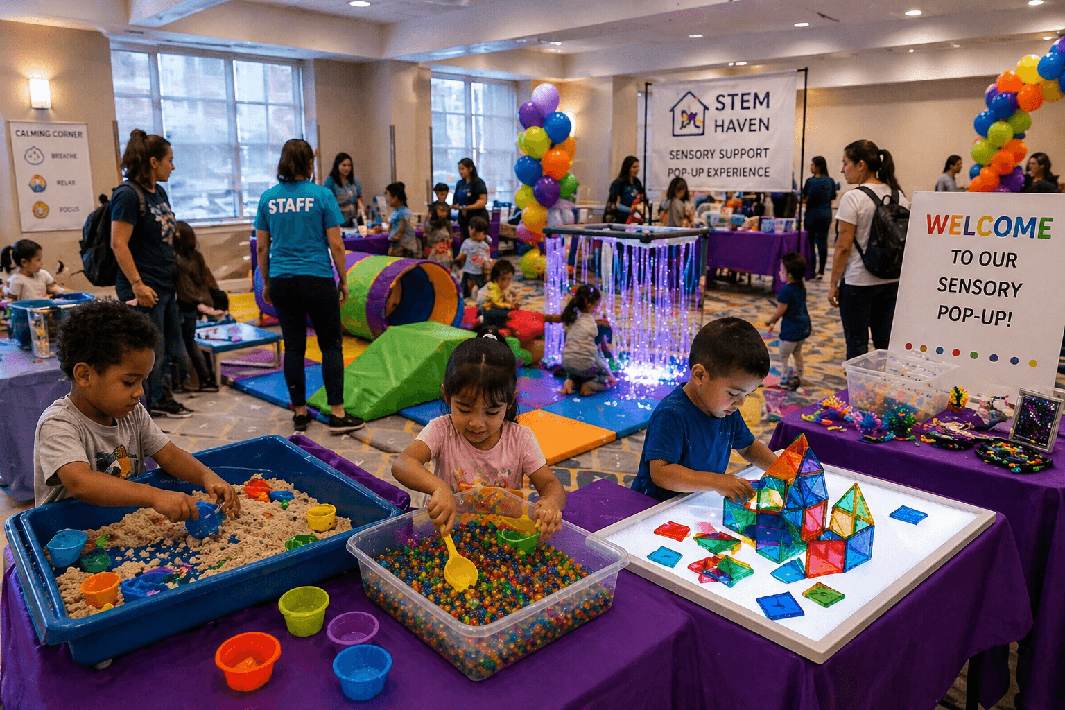 Children play with kinetic sand, water beads, and magnetic tiles at a sensory STEM event.