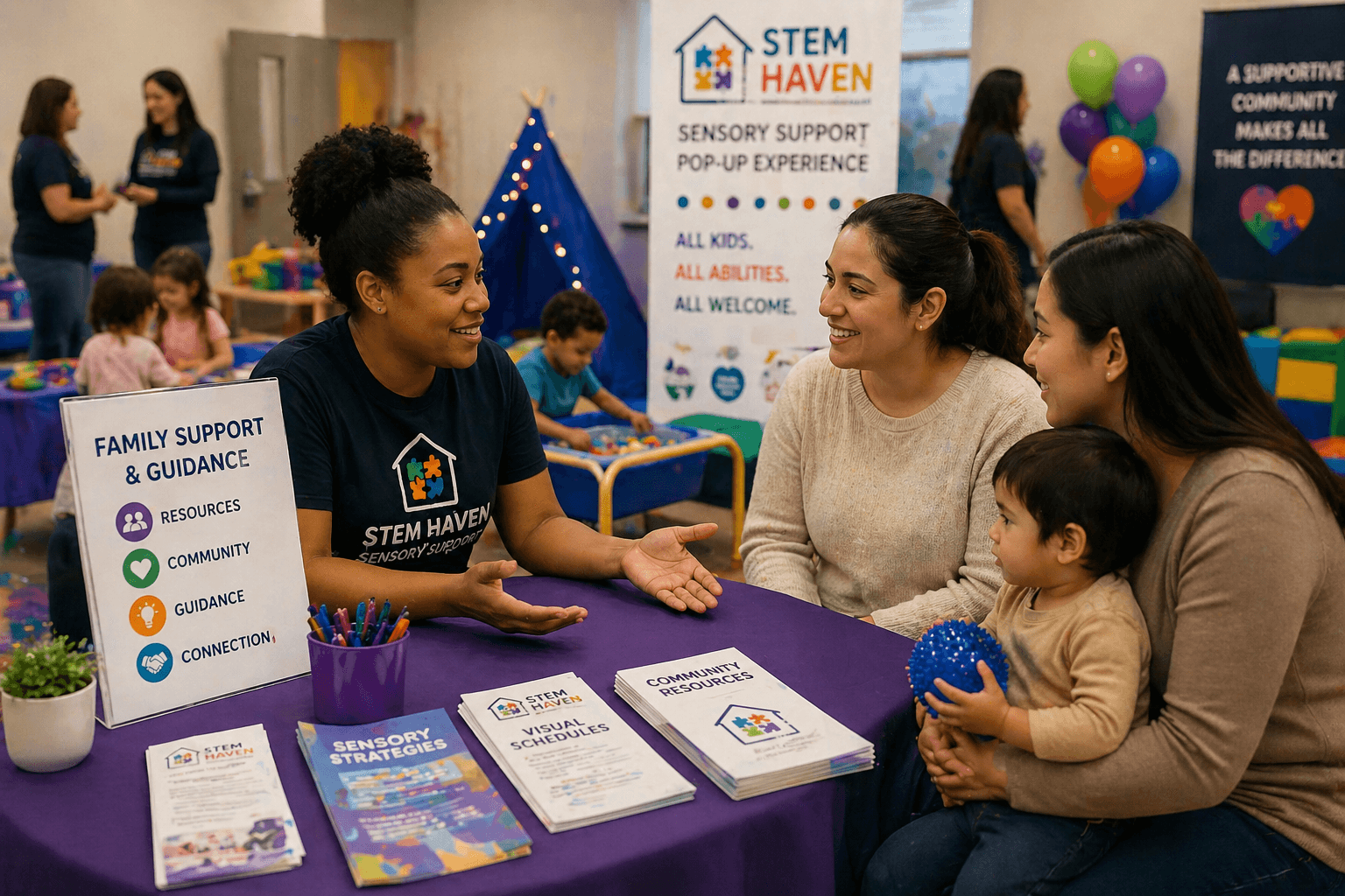 STEM Haven representative discusses sensory support resources with a mother and child at an event.
